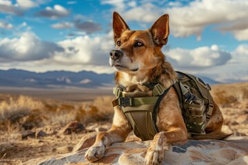 Dog in a cooling vest lying on a desert rock.