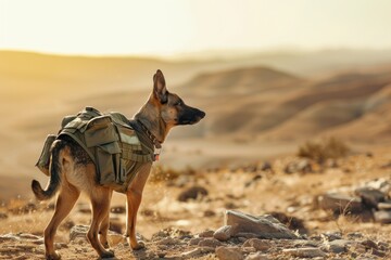Dog equipped with a tactical backpack in a desert environment.