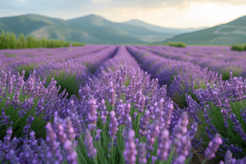 Fototapeta premium A field of lavender in full bloom, releasing its soothing fragrance into the air and evoking a sense of calm and relaxation. Concept of aromatic tranquility. Generative Ai.