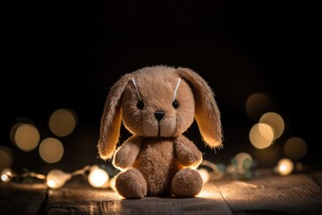 A stuffed animal rabbit is sitting on a wooden table with lights. Generative AI.