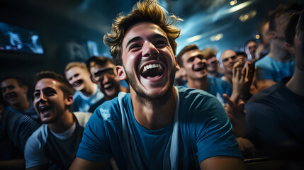 Euphoric Fans Celebrating Victory.
An exuberant crowd of young men cheering in triumph, ideal for...