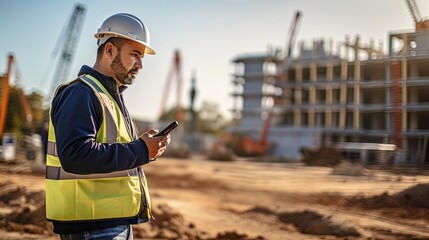Civil engineer checking work with walkie-talkie for communication to management team in the construction site - obrazy, fototapety, plakaty