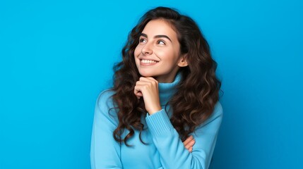 Close-up portrait of her she nice-looking lovely attractive curious creative cheery long-haired girl learning creating plan copy space isolated over bright vivid shine vibrant blue color background - obrazy, fototapety, plakaty