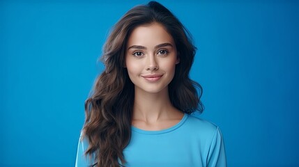 Close-up portrait of her she nice-looking lovely attractive curious creative cheery long-haired girl learning creating plan copy space isolated over bright vivid shine vibrant blue color background - obrazy, fototapety, plakaty
