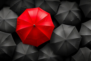 Red umbrella stand out from the crowd of many black and white umbrellas. Business, leader concept