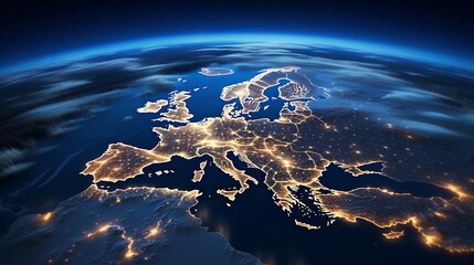 Europe at night viewed from space with city lights showing human activity in Germany, France, Spain, Italy and other countries, 3d rendering of planet Earth,