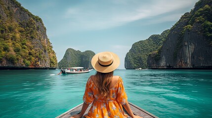 Happy traveler woman in summer dress joy fun relaxing on boat - obrazy, fototapety, plakaty