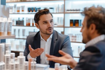 Two men discussing skincare products in a modern store. A salesperson discussing skincare products with a male customer. emphasizing personalized skin care solutions