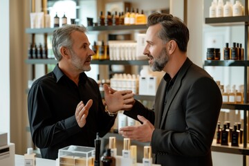 Older man conversing about skincare products in a shop. A salesperson discussing skincare products with a male customer. - obrazy, fototapety, plakaty