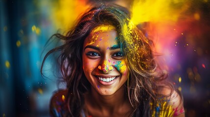 Portrait of happy Indian woman celebrating Holi with powder colours or gulal. Concept of Indian festival Hol - obrazy, fototapety, plakaty