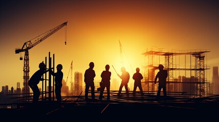 silhouette workers on background of construction