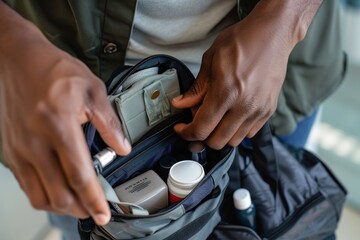 Man packing a travel-sized skincare kit with various products. a man packing a travel-sized skin care kit, maintaining a skin care routine even on the go - obrazy, fototapety, plakaty