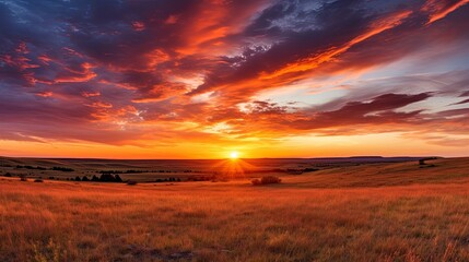 Sunset on the horizon over a vast landscape, grasslands national park