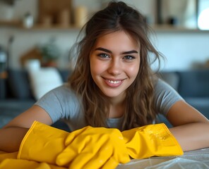 woman housekeeping processional cleaner wearing glove photo