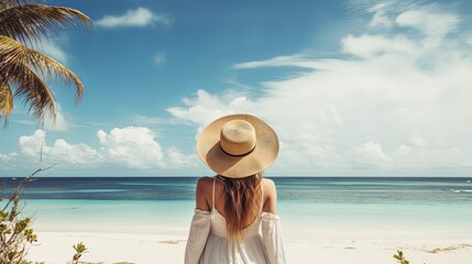Woman on a tropical beach with hat - obrazy, fototapety, plakaty