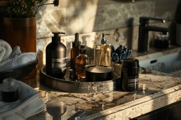 Man's hand choosing a skincare product from an organized drawer. a man's morning routine, featuring a facial scrub, toner, and moisturizer on a bathroom counter