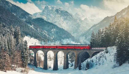 A Passengers Red Train passing a high bridge in snowy mountains; winter landscape; vintage style photo 82