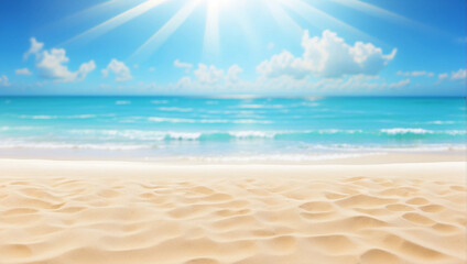 Nature of tropical summer beach with rays of sunlight. Light sand beach, ocean water sparkles against blue sky