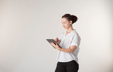 professional business woman with tablet on white background