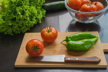 Healthy food. Vegetarian Food. Fresh and organic tomatoes, lettuce, peppers, cucumbers in a delicious salad