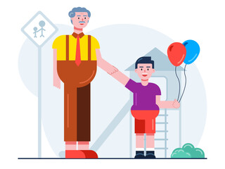 Grandfather buys balloons for his grandson. Senior citizen vector illustration.
