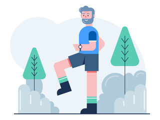 Aged man is stratching. Senior citizen vector illustration.