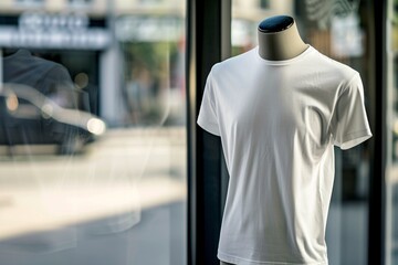 white men's front tshirt print on demand mockup on mannequin in a storefront - Generative ai