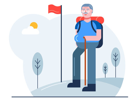 Elder man is hiking Senior citizen vector illustration.