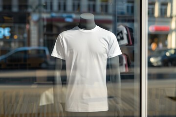 white men's front tshirt print on demand mockup on mannequin in a storefront - Generative ai - obrazy, fototapety, plakaty