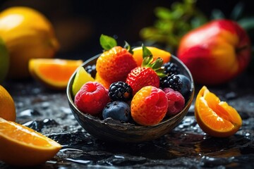 Showcasing Fresh Fruits in Style on Abstract Stone