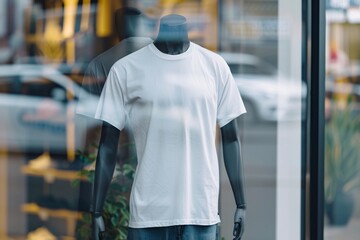 white men's front tshirt print on demand mockup on mannequin in a storefront - Generative ai