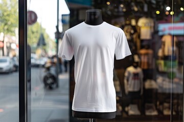 white men's front tshirt print on demand mockup on mannequin in a storefront - Generative ai
