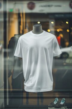 white men's front tshirt print on demand mockup on mannequin in a storefront - Generative ai