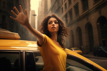 A young woman raised her hand forward to stop a taxi. - obrazy, fototapety, plakaty