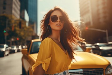 Elegant woman in yellow dress and sunglasses crosses the road in front of a taxi - obrazy, fototapety, plakaty