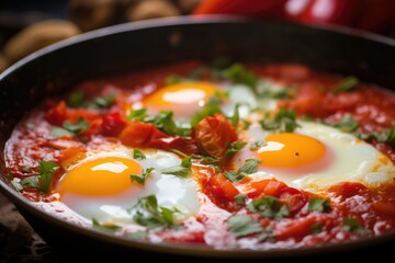 Shakshuka with three eggs on a frying pan 