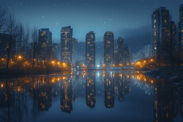 Cityscape After Dark, Glowing Skylines and High-Rises Reflecting on Water