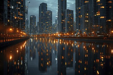 Fototapeta na wymiar Urban Night Photography, Luminous Skyscrapers and Reflections in Water