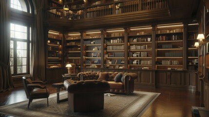 Refined Private Library, Opulent Timber Shelving and Comfortable Reading Spot Lit Softly - obrazy, fototapety, plakaty