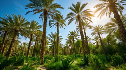 Fototapeta na wymiar Date palm oasis during the day. The lush greenery Palm tree farm against a clear sky