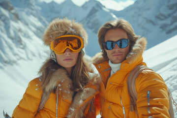 A couple dressed in retro ski gear, posing on the slopes with vintage skis, embodying the nostalgia of winter sports in the 60s. Concept of retro skiing. Generative Ai.