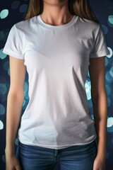 front view young woman wearing white tshirt print on demand mockup blurred  bokeh background - generative ai
