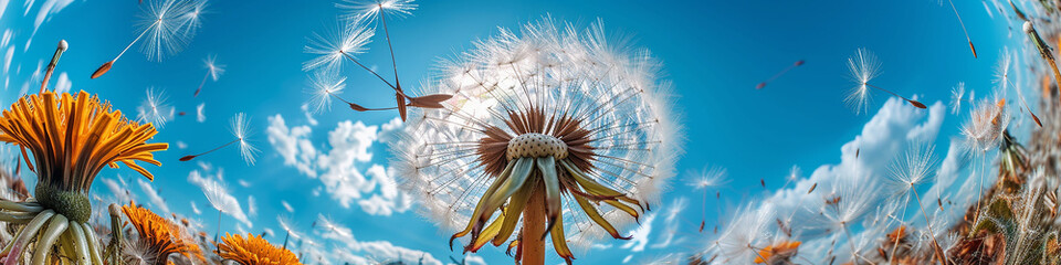 Worm‘ s eye view of a beautiful dandelion, blue sky and a sunny day.