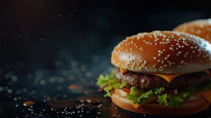 Home made hamburger with beef, onion, tomato, lettuce and cheese on dark background with copy space - AI Generated