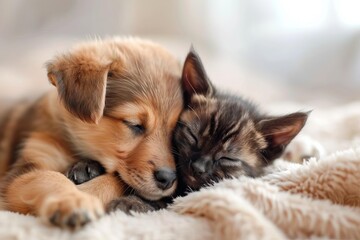 Adorable scene of a puppy and kitten cuddling together Symbolizing friendship and harmony between different species Perfect for themes of love Companionship And animal care.