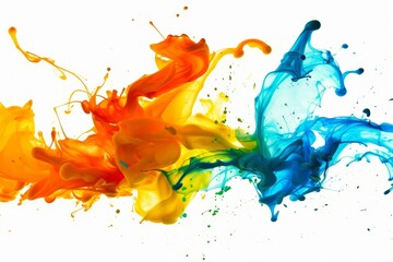 Colorful ink splashes dancing on a white background Creating an abstract and artistic composition perfect for creative projects