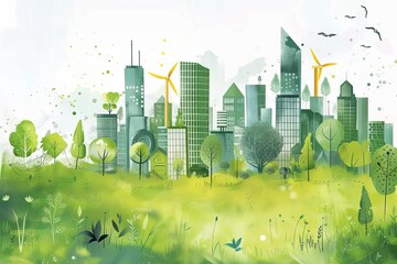 Conceptual illustration of esg principles Featuring a green Sustainable cityscape with renewable energy sources and diverse communities Highlighting environmental responsibility - obrazy, fototapety, plakaty