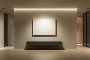 Elegant gallery room interior with minimalist design Featuring a sleek drawer and sophisticated decoration Complemented by a mockup frame for art or photography displays
