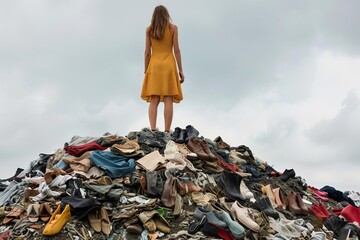 Fashion-forward woman standing atop a large pile of discarded clothes and shoes Highlighting the issue of fashion industry waste and the importance of sustainability and recycling in fashion - obrazy, fototapety, plakaty