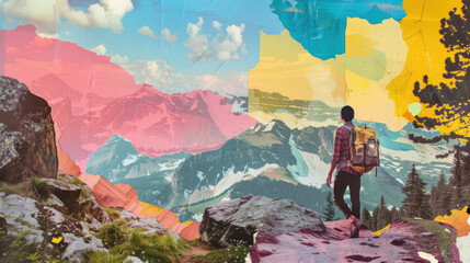 Contemporary hiking collage art illustration, collage style travel concept art
